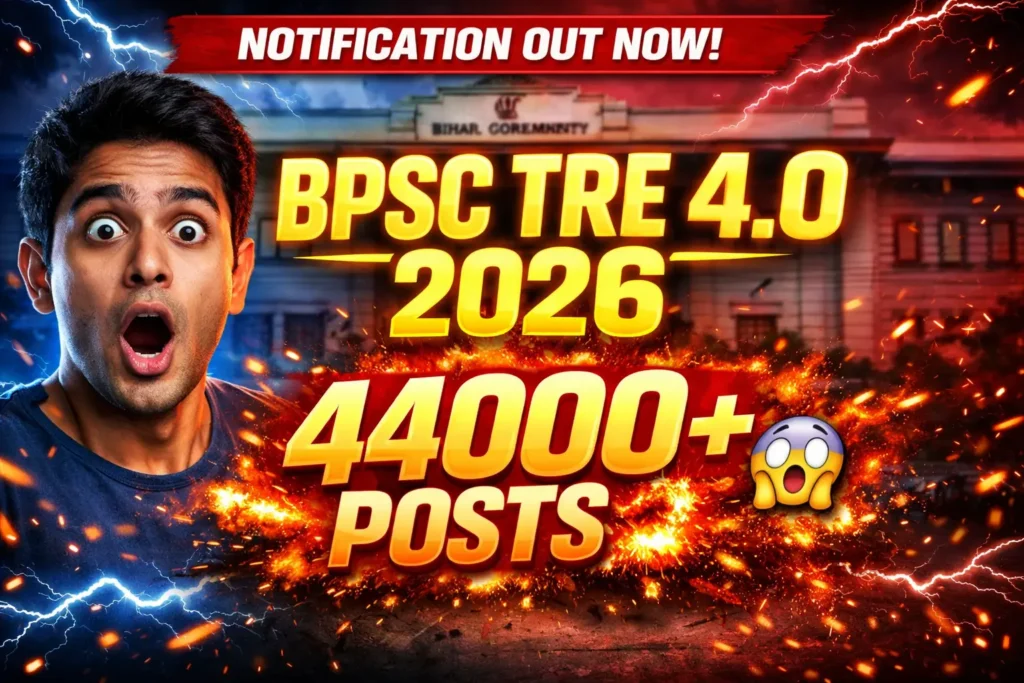 BPSC TRE 4.0 2026 notification out thumbnail showing 44000+ teacher vacancies with shocked student reaction and breaking news banner