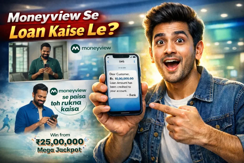 Moneyview se loan kaise le thumbnail showing Indian man holding smartphone with instant loan approval message and ₹10 lakh personal loan text.