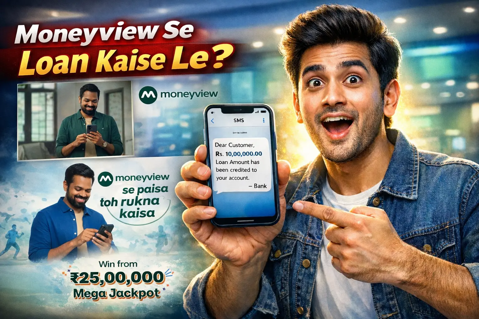 Moneyview se loan kaise le thumbnail showing Indian man holding smartphone with instant loan approval message and ₹10 lakh personal loan text.