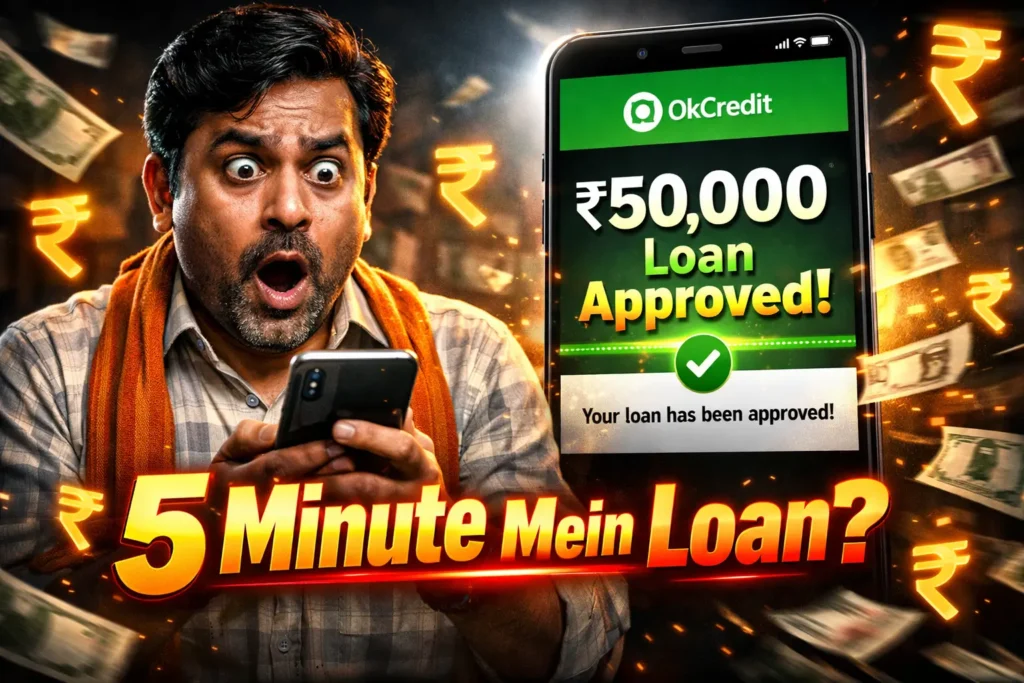 OkCredit app se loan kaise le process screen showing business loan option and EMI details