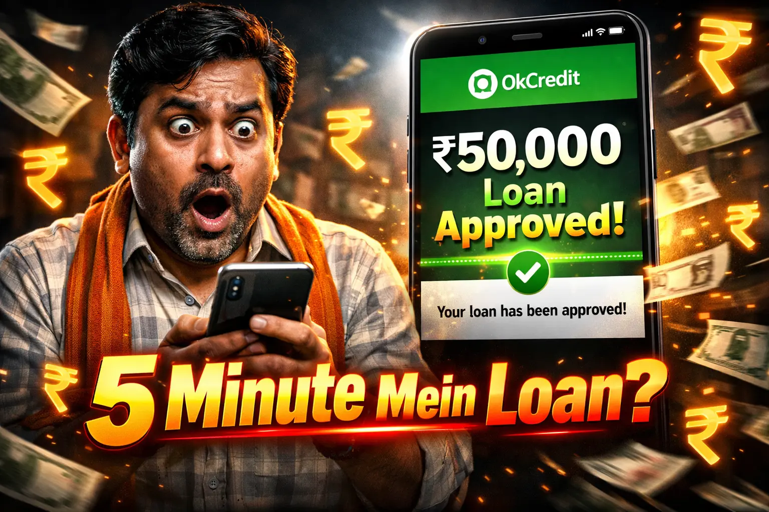 OkCredit app se loan kaise le process screen showing business loan option and EMI details