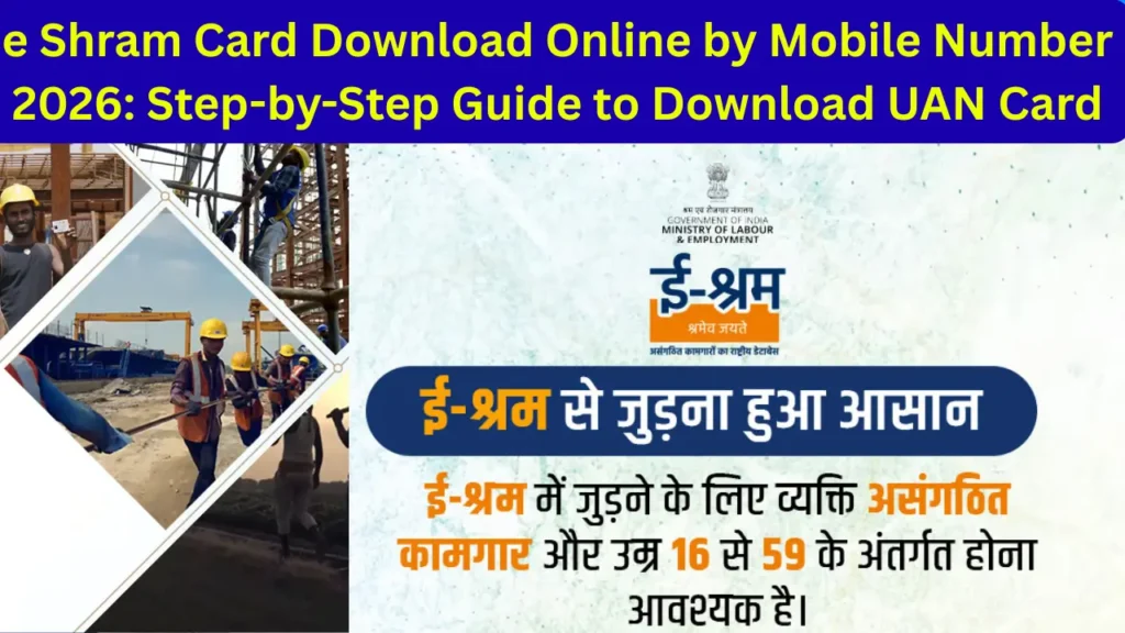 Indian construction worker using smartphone to complete e shram card download online by mobile number 2026 process on official portal