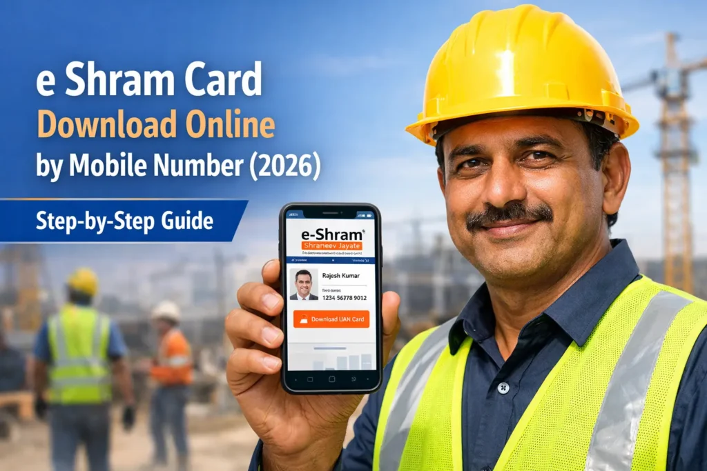 Indian construction worker using smartphone to complete e shram card download online by mobile number 2026 process on official portal