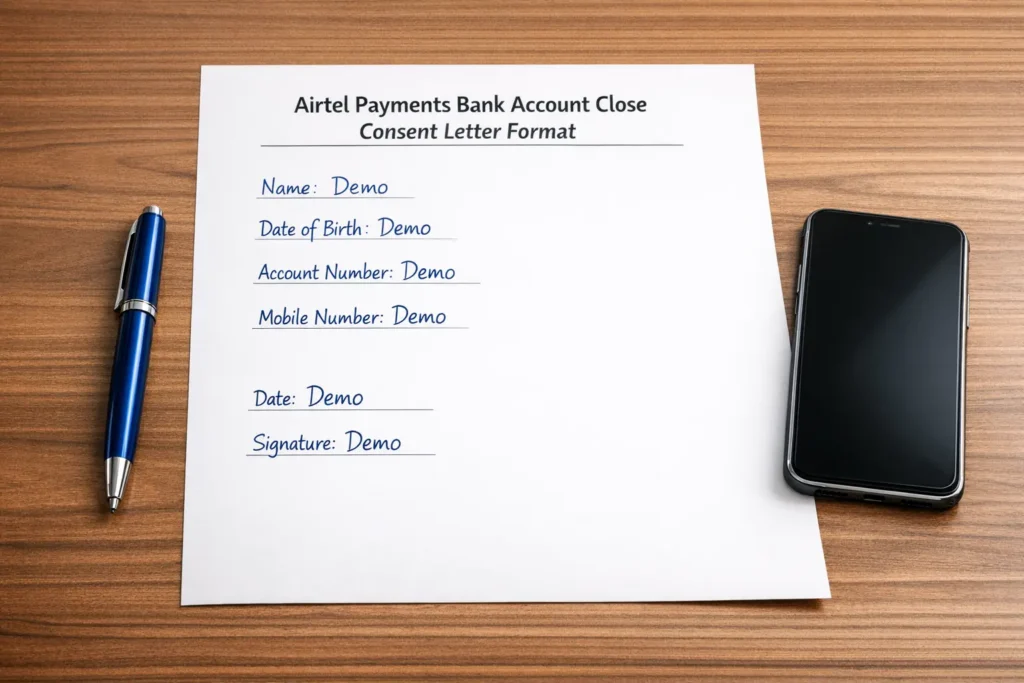Airtel Payments Bank account close consent letter format Hindi with demo details for closing current account and sweep account.