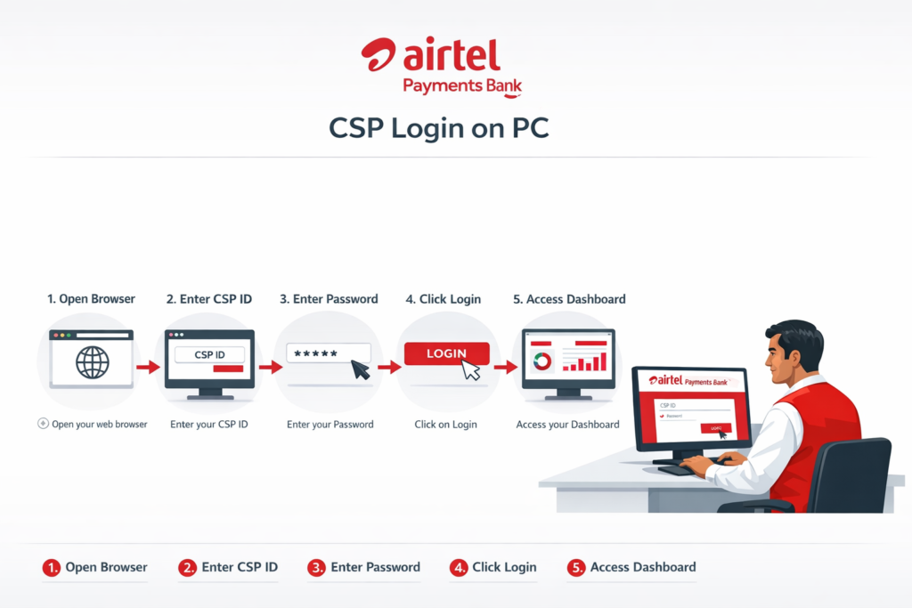 Airtel Payments Bank CSP Id PC ME Login Kaise Kare 2026 step by step infographic retailer portal login process