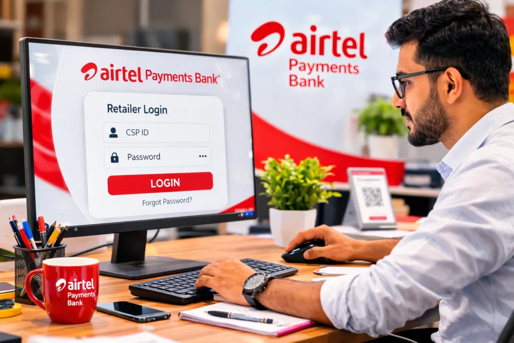 Airtel Payments Bank CSP Id PC ME Login Kaise Kare 2026 retailer portal login process on desktop computer