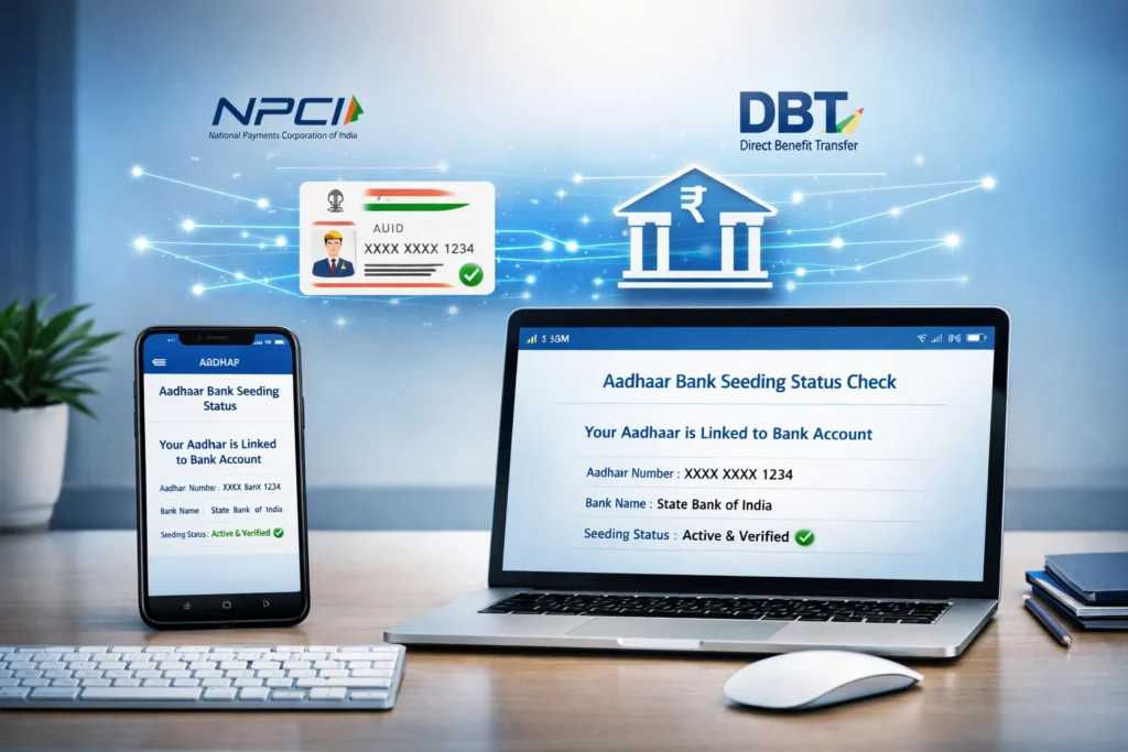Bank seeding status check online using Aadhaar and NPCI portal on smartphone and laptop screen
