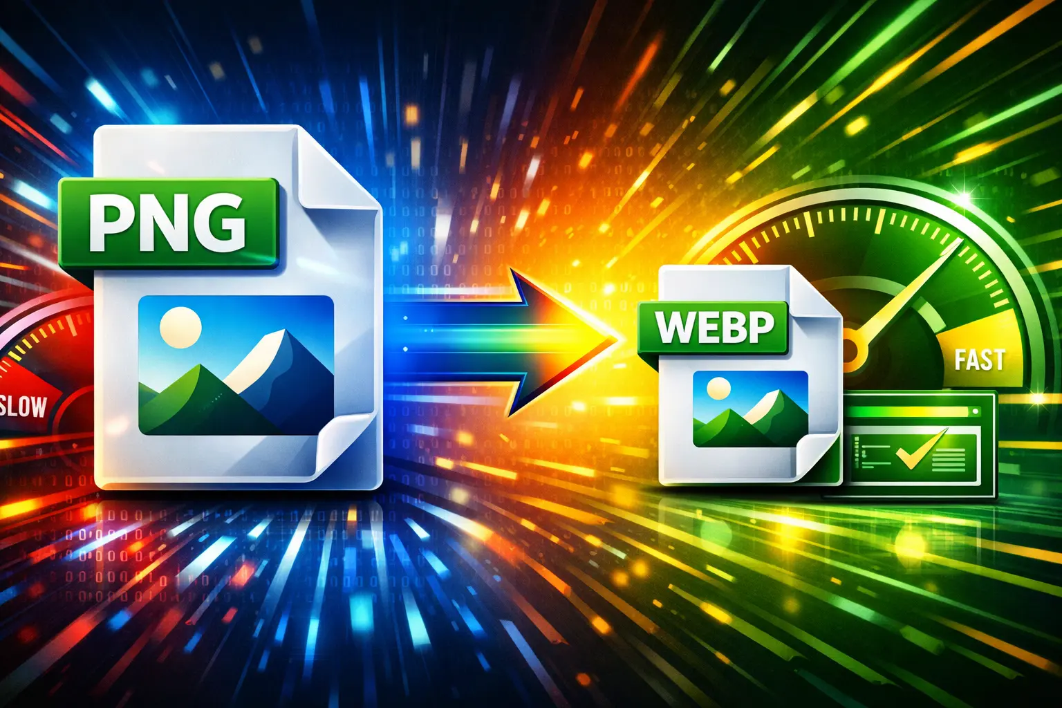PNG vs WEBP comparison showing file size reduction and faster website loading speed