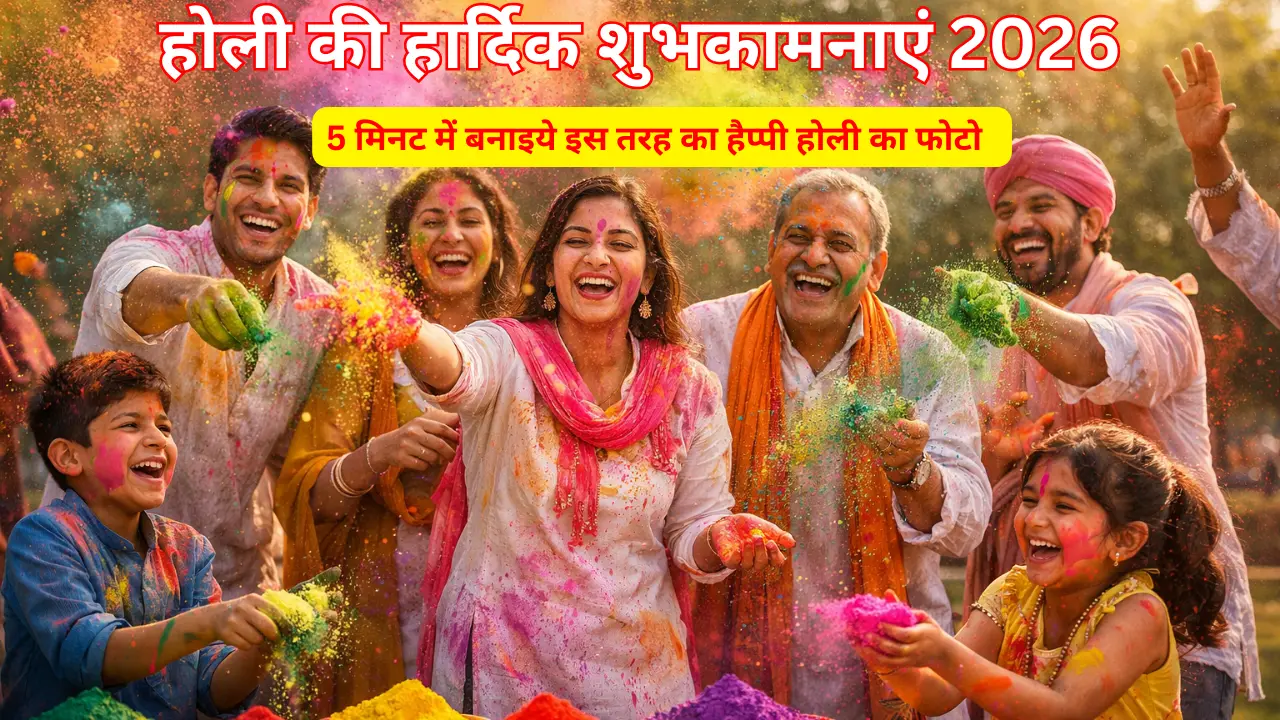 Happy Holi celebration with family throwing colorful gulal, vibrant Holi festival HD image