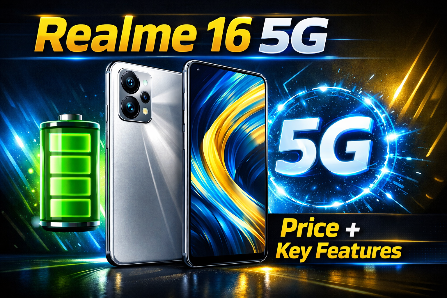 Realme 16 5G smartphone showing price comparison and key features in India.