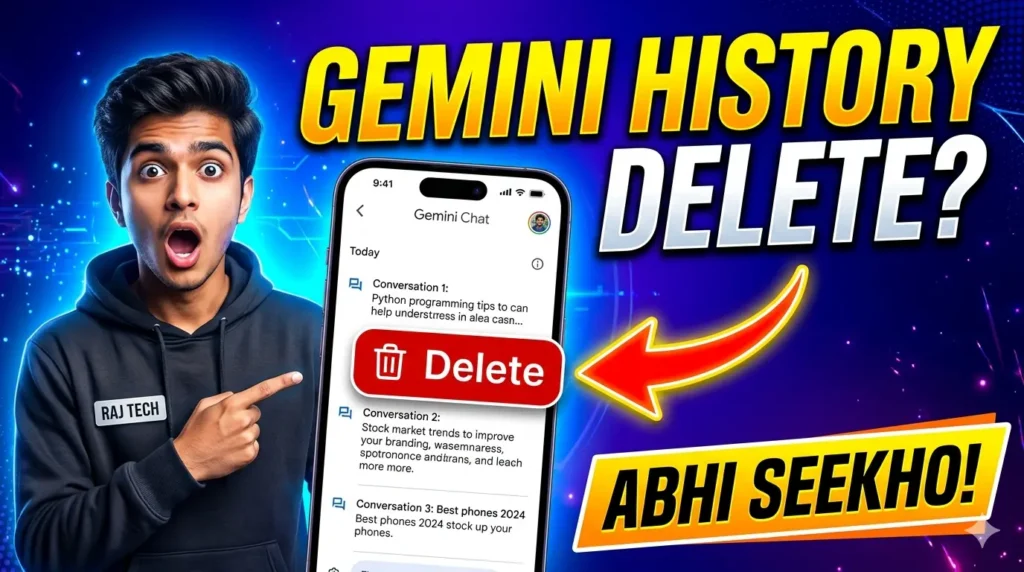 How to delete Gemini search history tutorial thumbnail with Gemini screen, delete icon and Indian creator