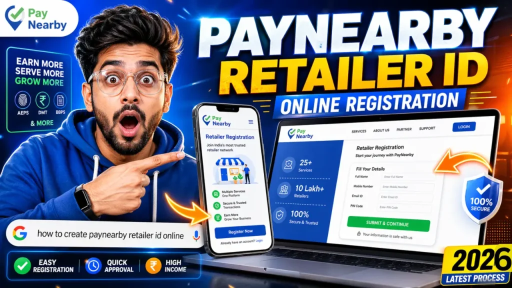 PayNearby retailer ID online registration thumbnail showing a shocked Indian tech creator with smartphone and laptop screen, explaining how to create PayNearby retailer ID online