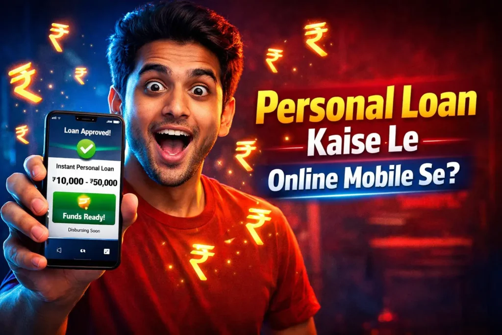 personal loan kaise le online mobile se, Indian man using smartphone for instant loan approval, mobile loan app interface, ₹50000 loan approval screen, fintech app loan process 2026