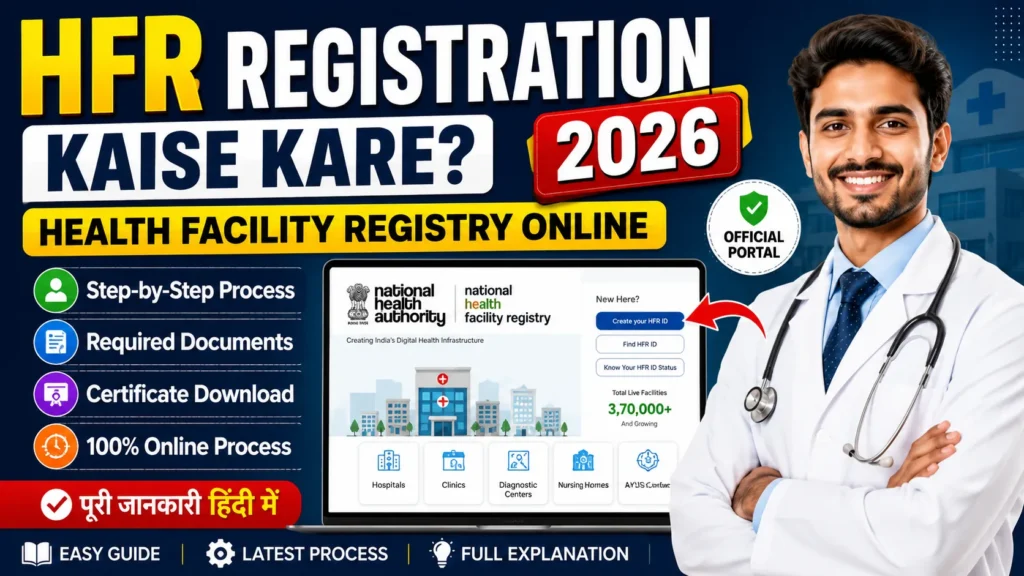 HFR Registration Kaise Kare 2026 thumbnail showing Health Facility Registry online process, official portal screen, step-by-step guide in Hindi with doctor and 100% online registration highlight